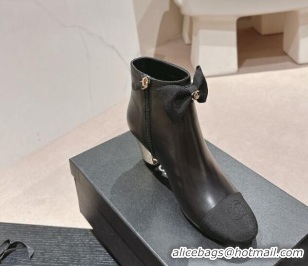 Most Popular Chanel Calfskin & Grosgrain Ankle Boots with Bow Black 722069