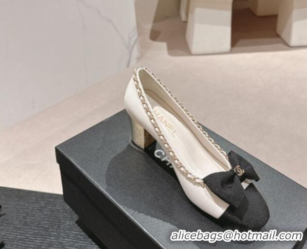 Lower Price Chanel Calfskin & Grosgrain Pumps 7cm with Chain Bow White 722070