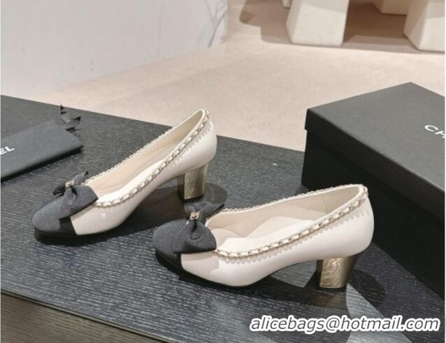 Lower Price Chanel Calfskin & Grosgrain Pumps 7cm with Chain Bow White 722070