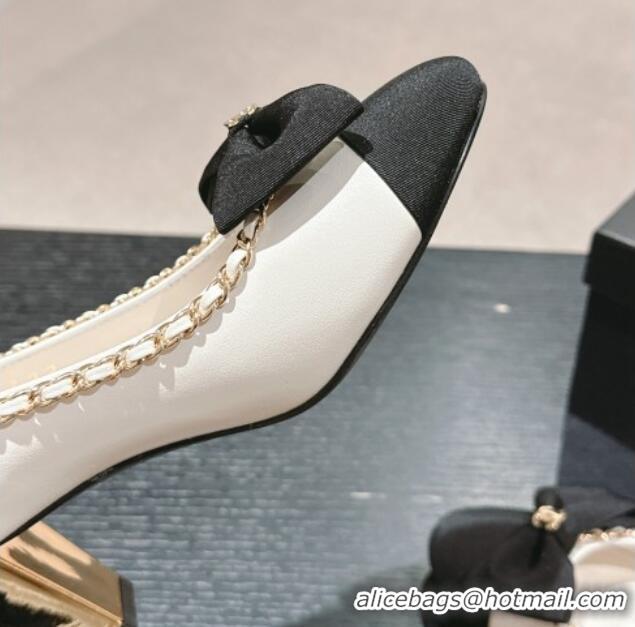 Lower Price Chanel Calfskin & Grosgrain Pumps 7cm with Chain Bow White 722070