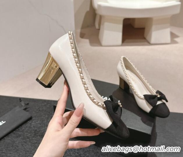 Lower Price Chanel Calfskin & Grosgrain Pumps 7cm with Chain Bow White 722070