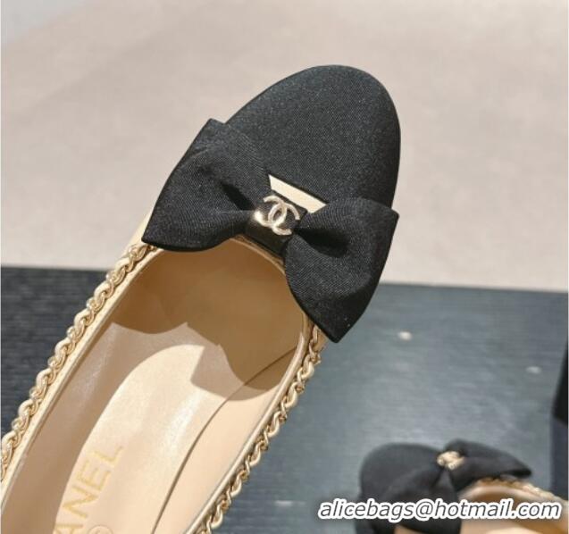 Top Design Chanel Calfskin & Grosgrain Pumps 7cm with Chain Bow Beige 722071