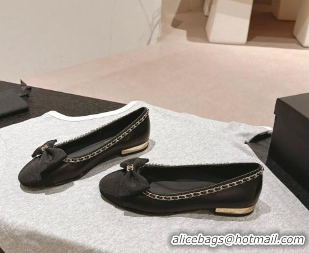 Stylish Chanel Calfskin & Grosgrain Ballet Flat with Chain Bow Black 722075