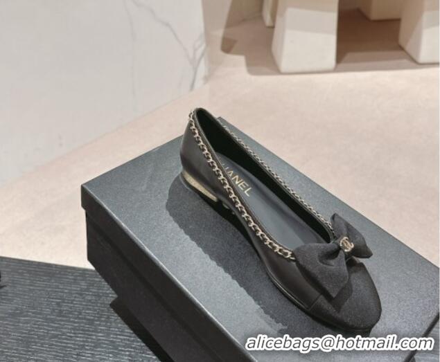 Stylish Chanel Calfskin & Grosgrain Ballet Flat with Chain Bow Black 722075