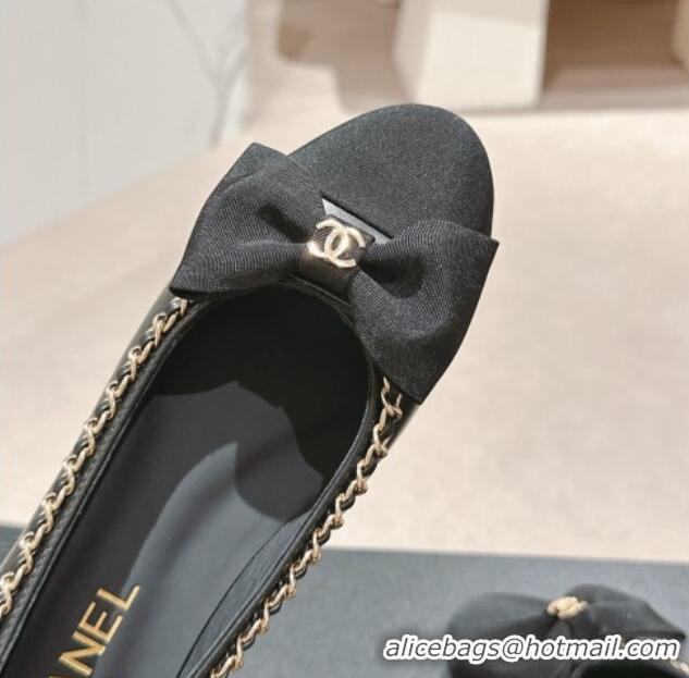 Stylish Chanel Calfskin & Grosgrain Ballet Flat with Chain Bow Black 722075