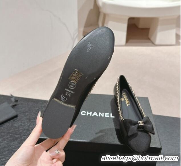 Stylish Chanel Calfskin & Grosgrain Ballet Flat with Chain Bow Black 722075