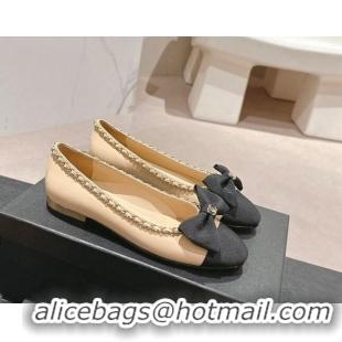 Duplicate Chanel Calfskin & Grosgrain Ballet Flat with Chain Bow Beige 722074