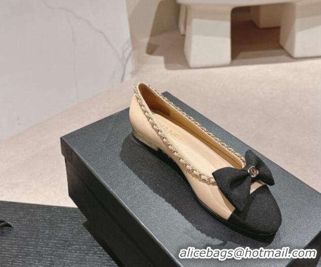 Duplicate Chanel Calfskin & Grosgrain Ballet Flat with Chain Bow Beige 722074