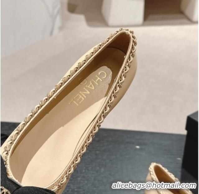 Duplicate Chanel Calfskin & Grosgrain Ballet Flat with Chain Bow Beige 722074