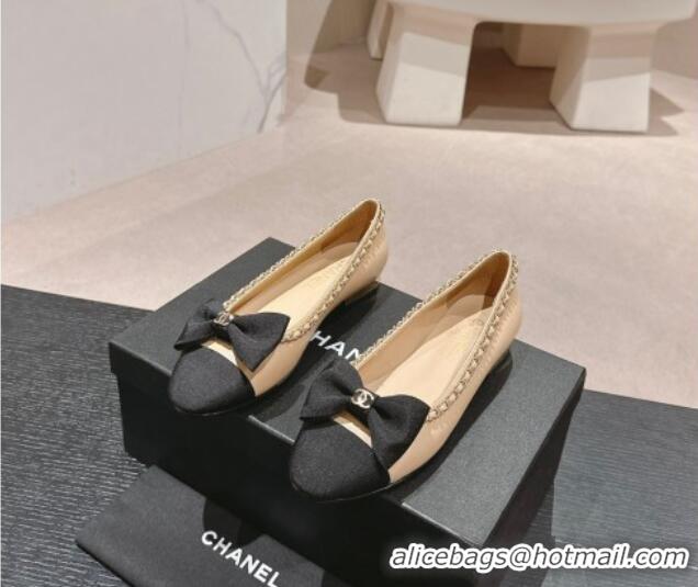 Duplicate Chanel Calfskin & Grosgrain Ballet Flat with Chain Bow Beige 722074