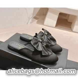 Lower Price Chanel Satin Flat Mules with Maxi Bow Black 722076