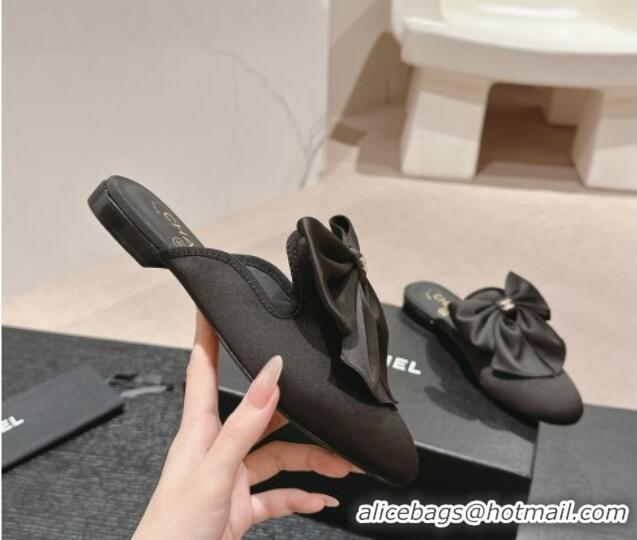 Lower Price Chanel Satin Flat Mules with Maxi Bow Black 722076