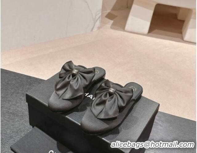 Lower Price Chanel Satin Flat Mules with Maxi Bow Black 722076