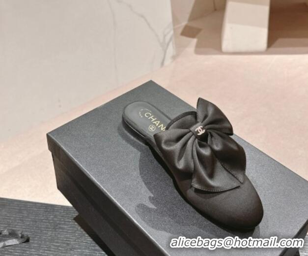 Lower Price Chanel Satin Flat Mules with Maxi Bow Black 722076