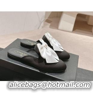 Good Product Chanel Satin Flat Mules with Maxi Bow Black/White 722077