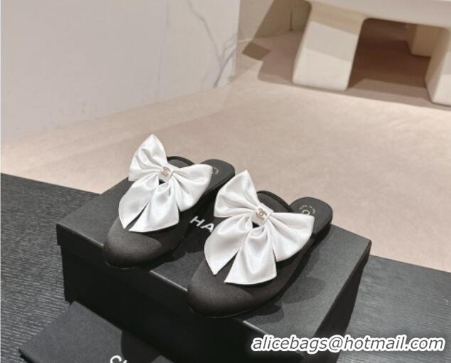 Good Product Chanel Satin Flat Mules with Maxi Bow Black/White 722077