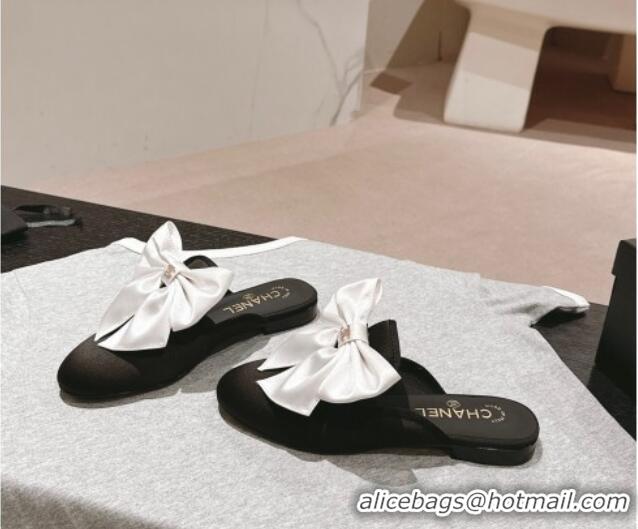 Good Product Chanel Satin Flat Mules with Maxi Bow Black/White 722077