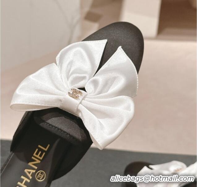 Good Product Chanel Satin Flat Mules with Maxi Bow Black/White 722077