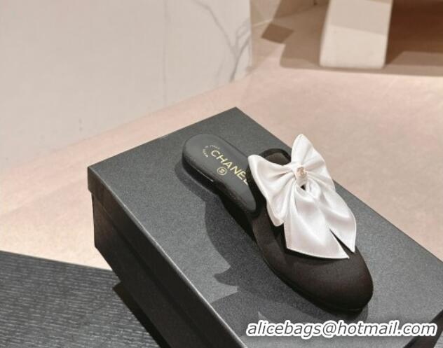 Good Product Chanel Satin Flat Mules with Maxi Bow Black/White 722077