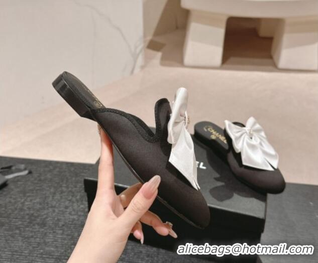 Good Product Chanel Satin Flat Mules with Maxi Bow Black/White 722077