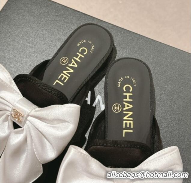 Good Product Chanel Satin Flat Mules with Maxi Bow Black/White 722077