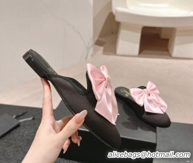 Sumptuous Chanel Satin Flat Mules with Maxi Bow Black/Pink 722078