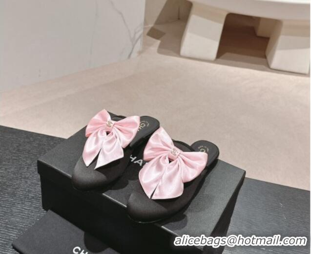 Sumptuous Chanel Satin Flat Mules with Maxi Bow Black/Pink 722078