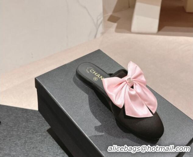 Sumptuous Chanel Satin Flat Mules with Maxi Bow Black/Pink 722078