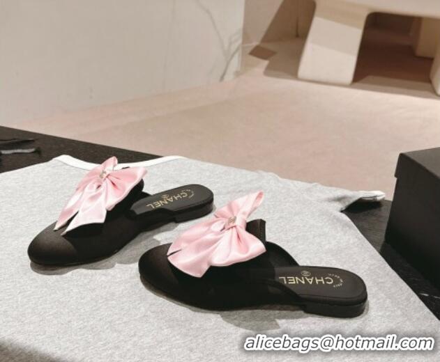 Sumptuous Chanel Satin Flat Mules with Maxi Bow Black/Pink 722078