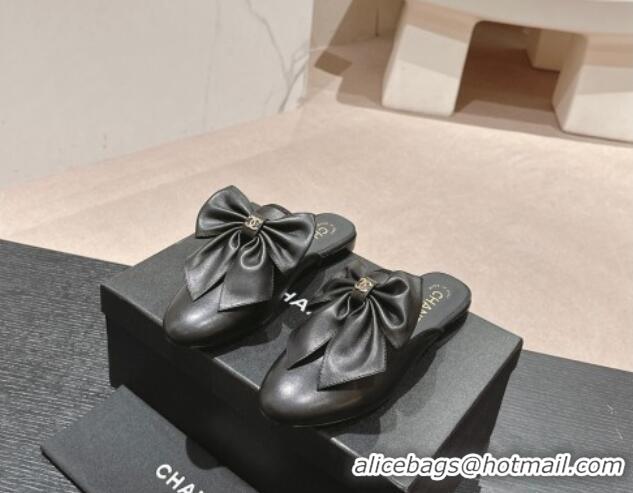 Popular Style Chanel Calfskin Flat Mules with Maxi Bow Black 722079