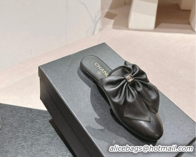 Popular Style Chanel Calfskin Flat Mules with Maxi Bow Black 722079