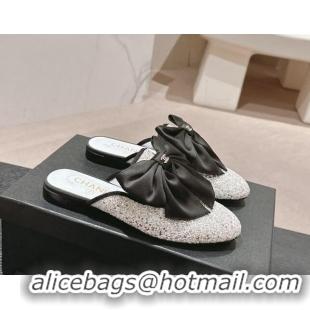 Big Discount Chanel Sequins Flat Mules with Maxi Bow White 722080