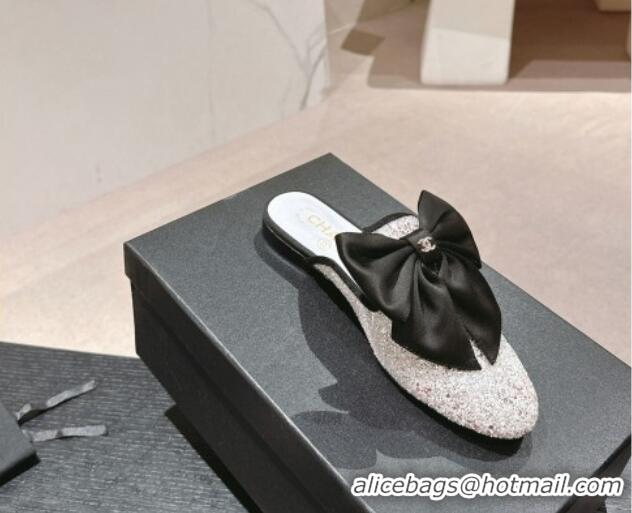 Big Discount Chanel Sequins Flat Mules with Maxi Bow White 722080