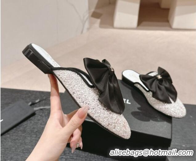 Big Discount Chanel Sequins Flat Mules with Maxi Bow White 722080