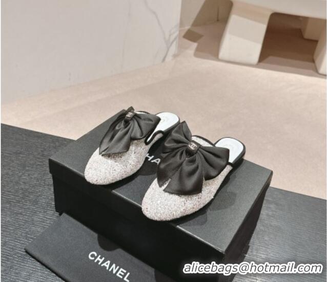 Big Discount Chanel Sequins Flat Mules with Maxi Bow White 722080