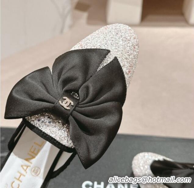 Big Discount Chanel Sequins Flat Mules with Maxi Bow White 722080