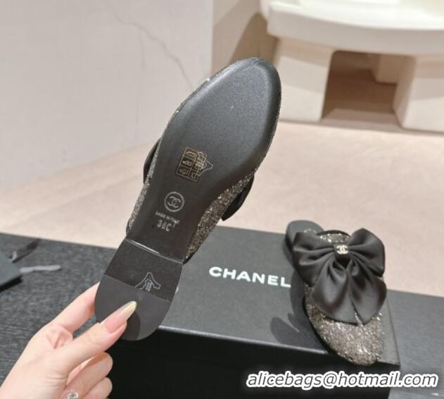 Stylish Chanel Sequins Flat Mules with Maxi Bow Black 722081