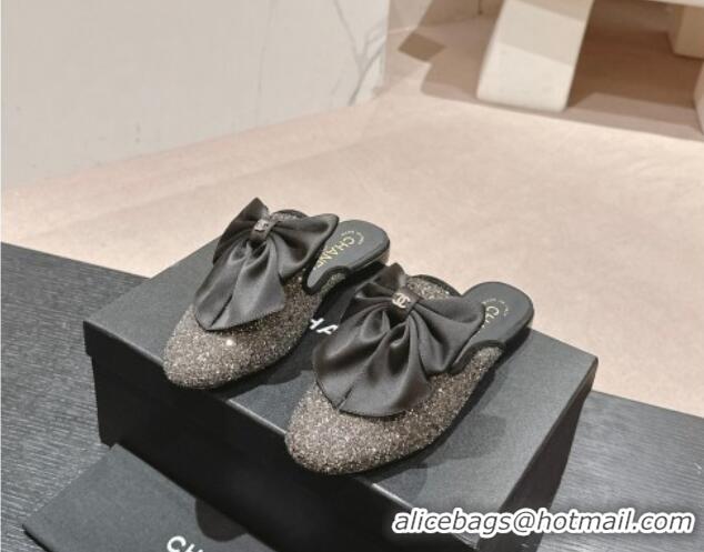 Stylish Chanel Sequins Flat Mules with Maxi Bow Black 722081