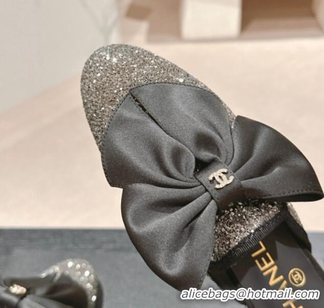 Stylish Chanel Sequins Flat Mules with Maxi Bow Black 722081