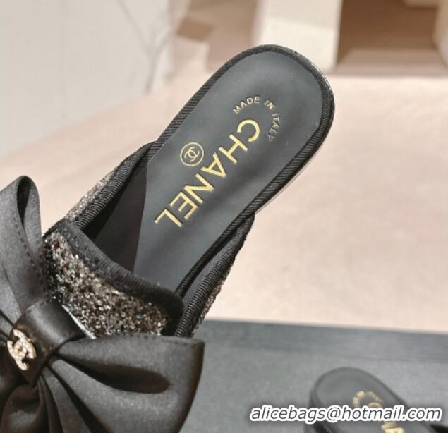 Stylish Chanel Sequins Flat Mules with Maxi Bow Black 722081