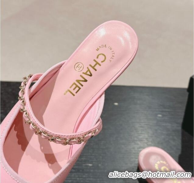 Grade Chanel Calfskin & Patent Flat Mules with Chain Pink 722082