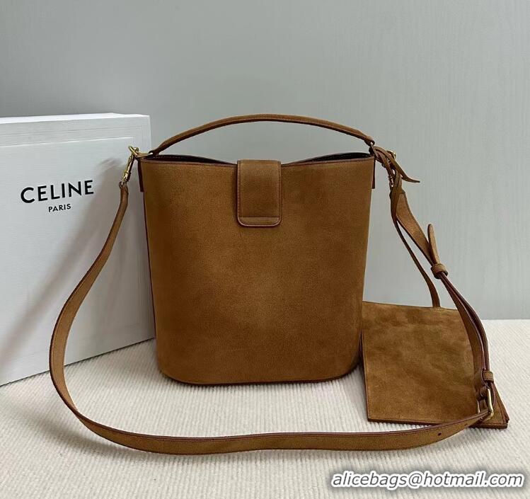 Top Quality Celine Medium Louise Bucket bag in Suede Blonde 116613 Brown 2024