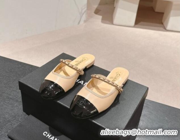 Charming Chanel Calfskin & Patent Flat Mules with Chain Beige 722083