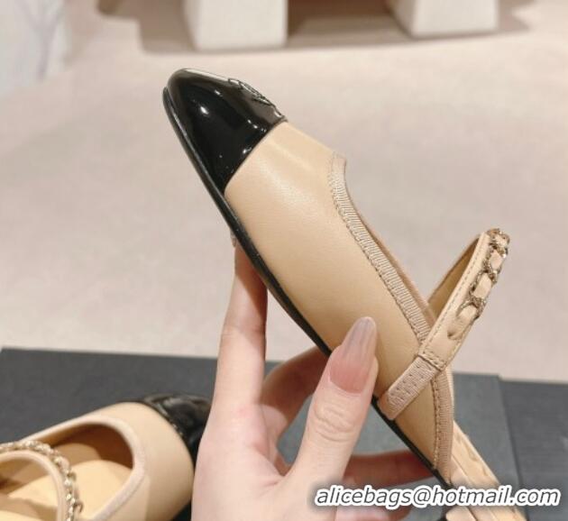 Charming Chanel Calfskin & Patent Flat Mules with Chain Beige 722083