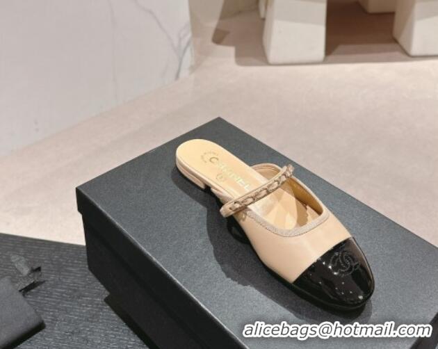 Charming Chanel Calfskin & Patent Flat Mules with Chain Beige 722083