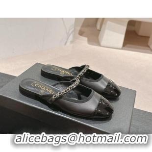 Best Price Chanel Calfskin & Patent Flat Mules with Chain Black 722085