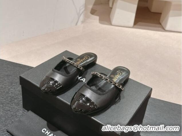 Best Price Chanel Calfskin & Patent Flat Mules with Chain Black 722085