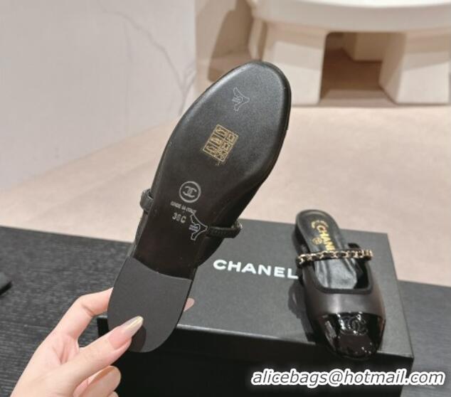 Best Price Chanel Calfskin & Patent Flat Mules with Chain Black 722085