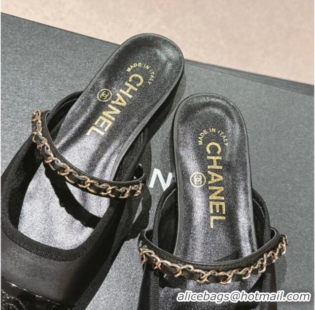 Best Price Chanel Calfskin & Patent Flat Mules with Chain Black 722085