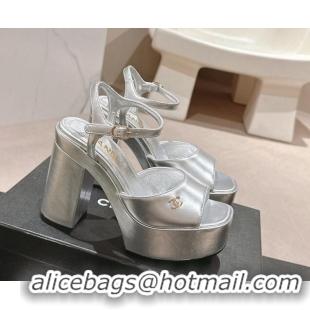 Low Price Chanel Calfskin Platform Sandals 12cm Silver Leather 722086